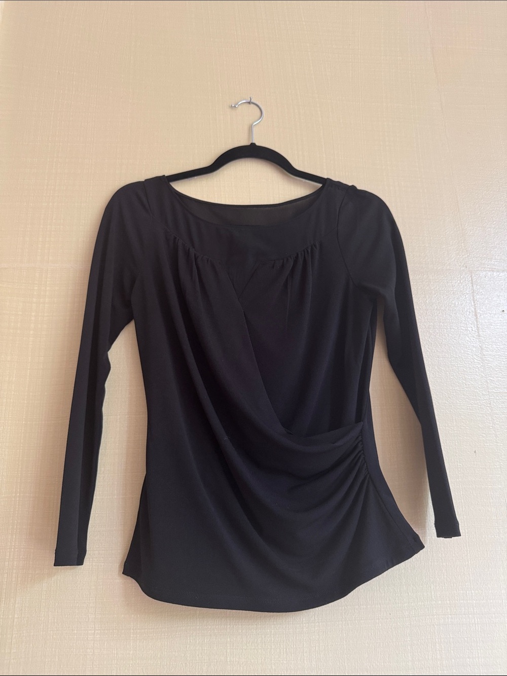 Ann Taylor XSP Black Draped Long-Sleeve Blouse with Side Gather